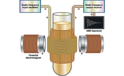 Diagram of nuclear magnetic resonance illustrating how the NMR spectrum based on interaction of nuclear spin states with powerful magnetic field.