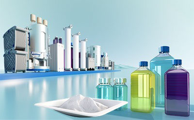 A modern laboratory scene showcasing various cell culture media bottles, with biomanufacturing equipment such as bioreactors and filters in the background.