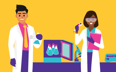 Two laboratory scientists, one holding a flask and the other using a pipette, both wearing lab coats and gloves, set against a bright yellow background with laboratory equipment in the background, symbolizing teamwork in scientific research.