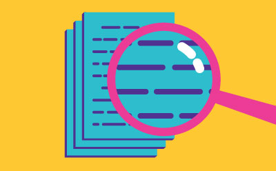A stylized illustration of a stack of documents with a magnifying glass, emphasizing the importance of detail and scrutiny in document review, set against a vibrant yellow background.