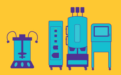 A sleek bioreactor surrounded by stylized yellow antibody structures and green cells, set against a light blue background, illustrating advancements in biotechnology and antibody production.