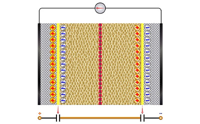 Example of a supercapacitor made from two electrodes, an electrolyte, and a separator to allow the transfer of ions, while keeping the polarizing electrodes separate.