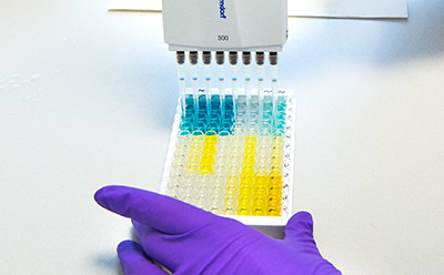 A scientist wearing full PPE observes a sample on a microscope.