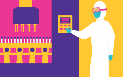 穿戴全套个人防护设备的工人按下生物反应器上的按钮。
