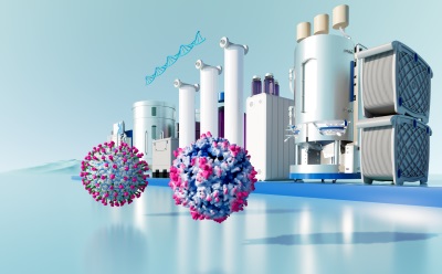 A digital illustration depicting an adeno-associated virus and lentivirus in the foreground, one in red and the other in blue and pink, with a backdrop of industrial equipment including large white and gray storage tanks and machinery. A strand of DNA is shown above the equipment, set against a light blue background.