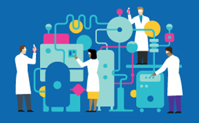 Symbolic depiction of a (bio-)pharmaceutical process with persons in lab coats working, possibly taking samples