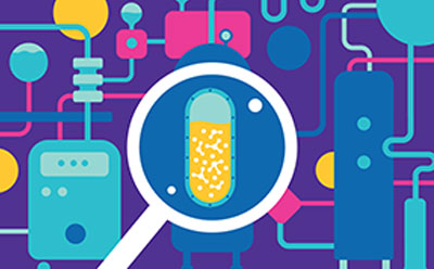Magnifying glass showing the inside of a bioreactor surrounded by shapes depicting other bioprocess equipment