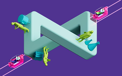 画面中的 3D 字母 "N "采用了鲜艳的茶色。微型人物在 "N "的各个部分攀爬和悬挂，每个人都配备了攀爬工具和绳索。