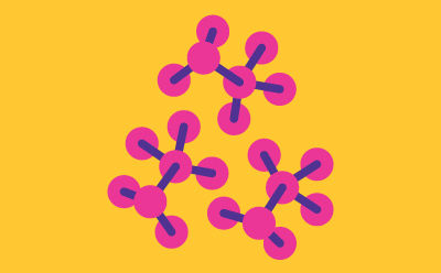 有三个由蓝色圆圈和线条连接而成的独立结构，类似分子模型。每个结构都由多个圆形以非线性方式相互连接而成，给人一种复杂多样的感觉。所有结构及其连接线的蓝色都是统一的。