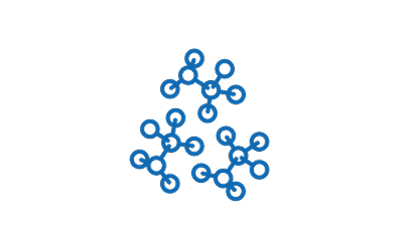 Icon of a blue molecular structure consisting of a central hexagon with six additional hexagons attached to each side. Represents a chemical compound.