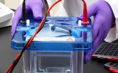 一位科学家正使用一个蓝色电泳槽进行实验，电泳槽通过红色和黑色电缆连接在白色实验台上。