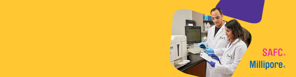 Two lab technicians in white lab coats are collaborating at a laboratory bench, one holding a clipboard and the other using a device. The background features various laboratory supplies and equipment, with a vibrant yellow and purple design framing the image.