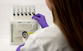 A laboratory technician wearing a white lab coat and purple gloves is operating a vacuum manifold system for sample preparation. The technician is adjusting the pressure gauge on the front of the transparent acrylic vacuum chamber, which has a white top labeled with the brand name "Supelco" and the Merck logo in green and yellow. Six solid-phase extraction (SPE) cartridges, filled with white sorbent material, are aligned in a row on top of the manifold, each connected to the system for processing multiple samples simultaneously. The background is a plain white surface, and the focus is on the precise handling of the equipment in a controlled laboratory setting.