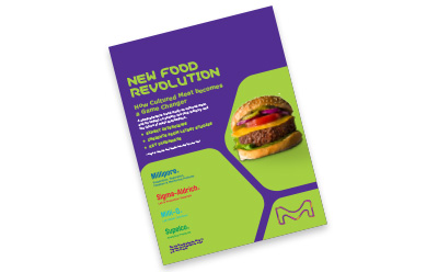 Brochure featuring a lab cultivated meat used in a burger, details the impact of cultured meat and its role in transforming the food industry.