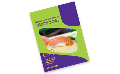 Brochure on cultured meat and seafood, featuring a slice of cultivated sushi on the cover, highlighting sustainability, safety, and quality control in alternative protein sources.