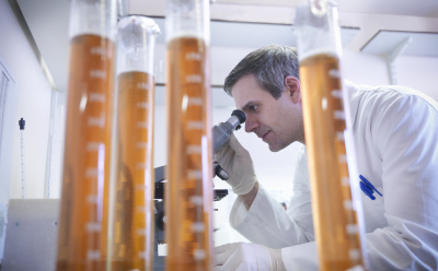 A laboratory technician in a white coat is examining a sample under a microscope. In the foreground, several test tubes containing a brown liquid are visible, indicating the process of pathogen detection and quality control in food testing.