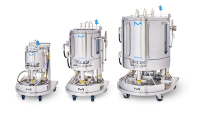 3 sizes of stainless steel Mobius® ADC reactors, 10 L on the left, 100 L in the middle, and 500 L to the right