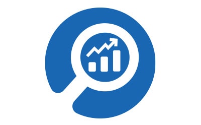 A blue circular logo featuring a magnifying glass over a bar graph with an upward trend