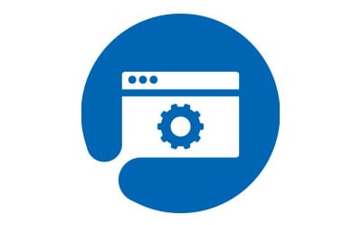 A blue circular logo showcasing two interlocking gears