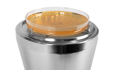 MAS-100 Sirius® Air Sampler with a size-adaptable plate holder that accommodates agar plates ranging from 55 to 90 mm, topped with ICR Settle Plates containing high-quality media.