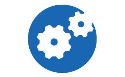 A blue circular logo depicting a computer screen with a gear icon