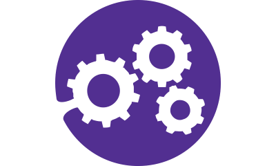 Purple round icon with interlocking gears to demonstrate simplified supply chain