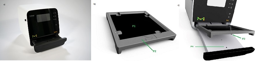 The open drawer unit with TLC plates placed on Baseplate P1, positioned on an integrated tray.