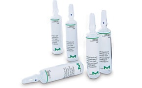 Four Aquastar water testing vials with green labels and measurement markings, designed for various stages of water quality analysis, displayed against a white background.
