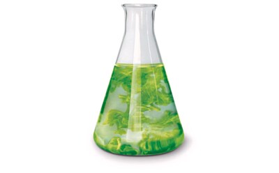 A clear glass Erlenmeyer flask filled with a green and yellow swirling liquid, isolated on a white background.