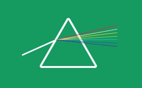 三棱镜散射光线的图示，在绿色背景下，一束白色光束射入，多束彩色光束射出。