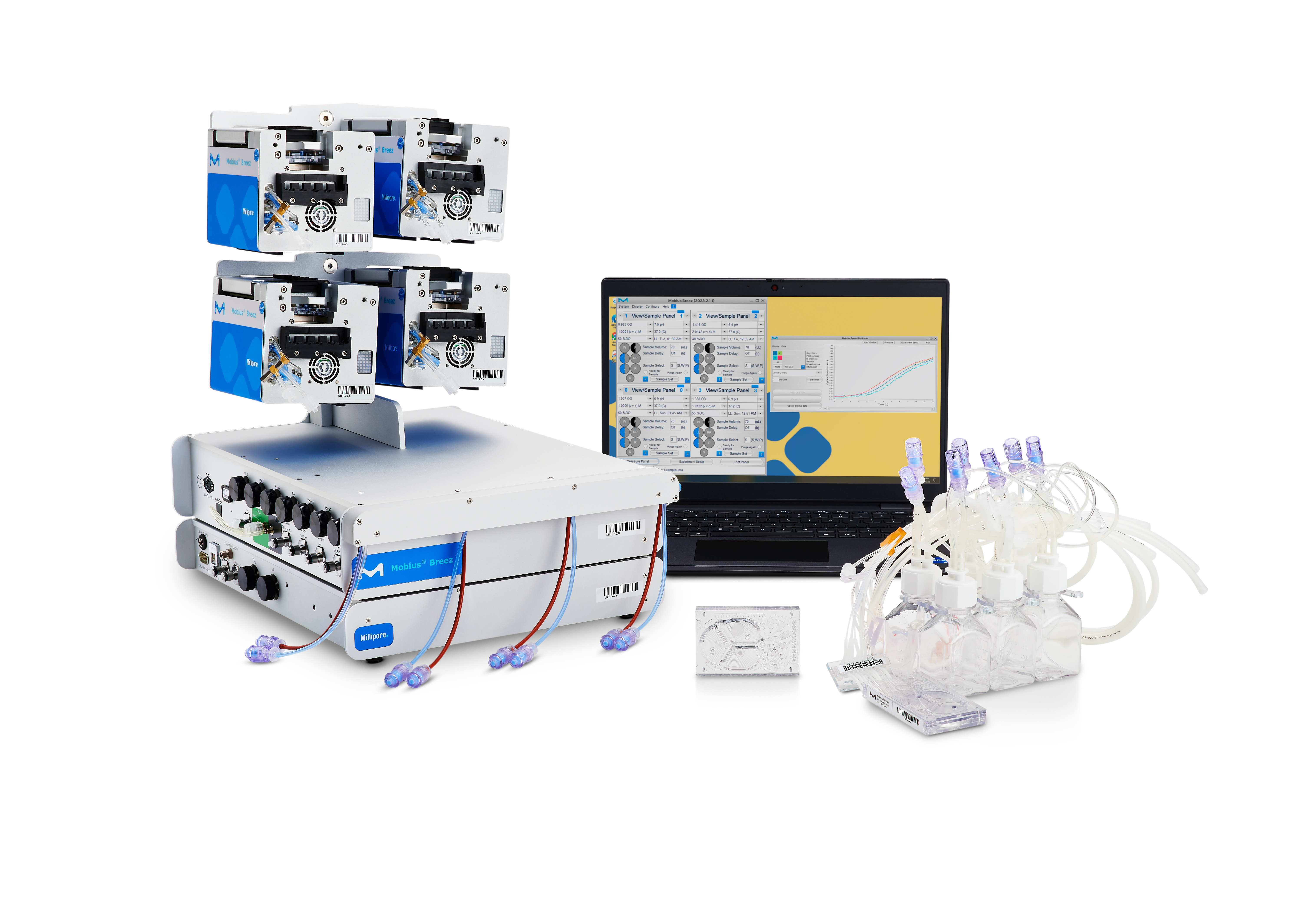 Mobius® Breez Microbioreactor, showing the device, monitor, and attachments. 