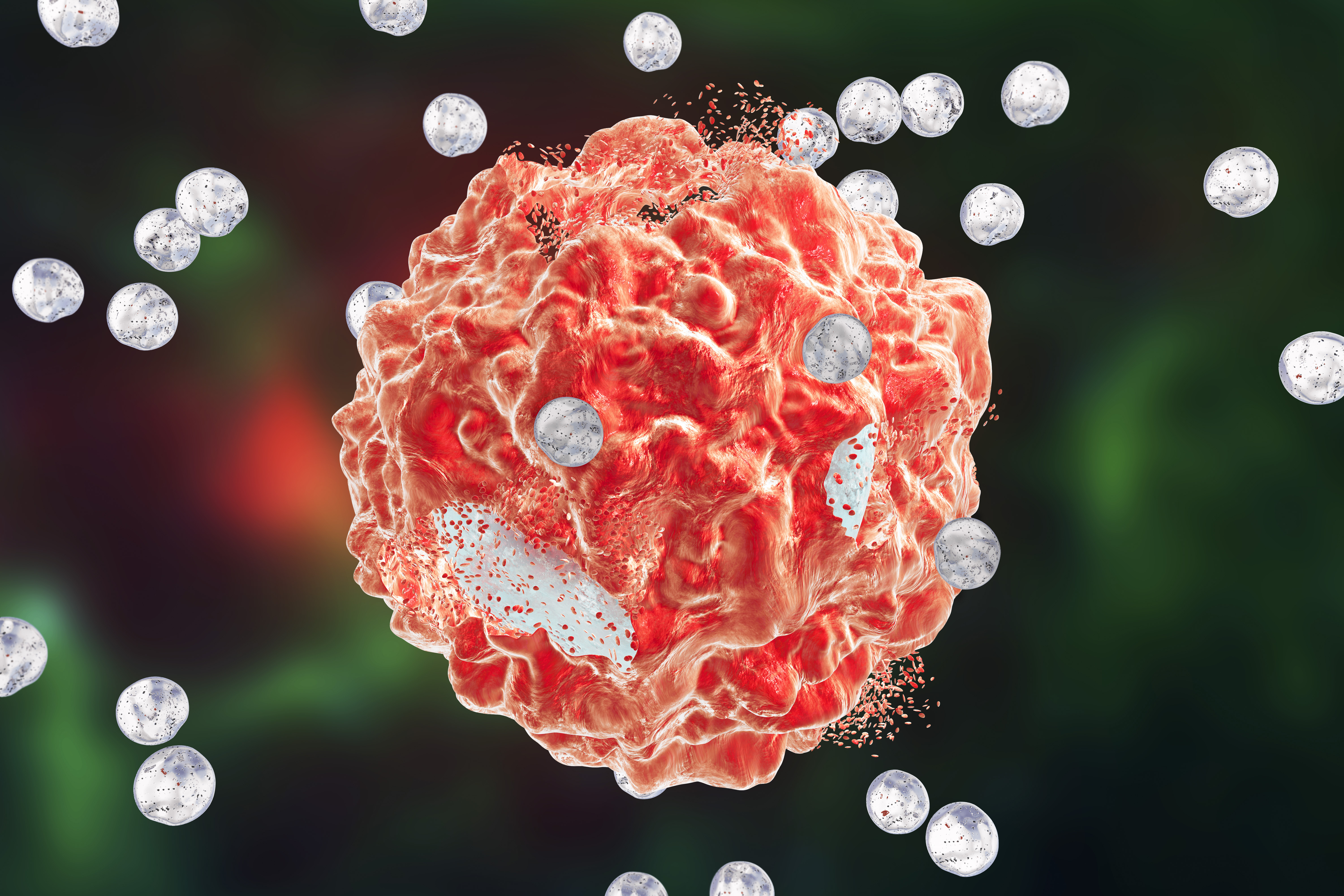 A highly detailed, 3D rendering of a red, textured cell surrounded by small, translucent spheres, set against a blurred green and red background.