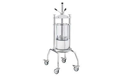 An example of a QuikScale® chromatography columns, includes a clear glass bottle attached to a stand, set on a white background. The stand has four metal legs with wheels for mobility 