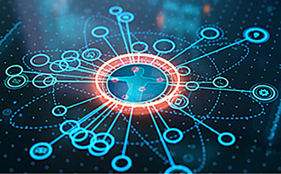 该图像是一个数字网络可视化，中央有一个圆形节点，周围是用线条连接的各种小圆圈。中心节点闪耀着鲜红的轮廓，而周围的节点则以蓝色为主色调。背景由深色网格图案组成，增强了图像的未来感和科技感。该设计象征着相互连接的数据点或网络系统，突出了连接性和信息流的主题。