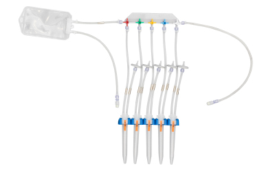 Sterile multi sampling system with five manifolded conical tubes. Large drainage bag at one end and tubing at other end of unit.