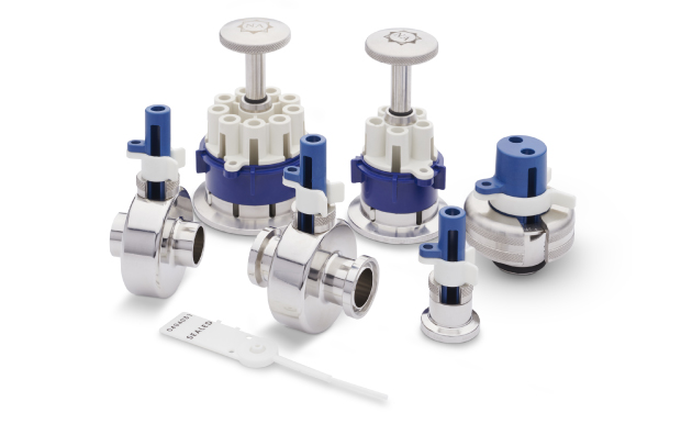 Collection of industrial valves on a white background, featuring seven valves with metallic bodies and blue elements.