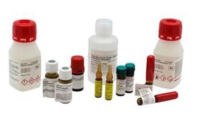 Certified reference materials 收集了不同大小、形状和颜色的各种化学瓶和容器。有些瓶子的瓶盖是红色的,标签上有危险符号,表示易燃和腐蚀性物质。此外,还有装有黄色液体的小瓶和白色瓶盖的试管。