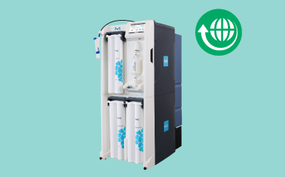 Milli-Q® CLX 8Series water purification system equipped with filtration cartridges and a digital display panel on the top right, set against a light turquoise background