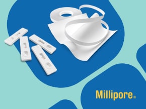 A promotional image featuring various lateral flow membranes and test strips arranged on a light blue background. The design includes a white circular membrane and a roll of membrane material, with the Millipore logo displayed in the bottom right corner, emphasizing the focus on lateral flow technology.