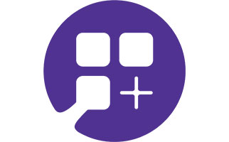 The image appears to be a logo, which is a purple circle resembling a chat bubble with a white grid and a plus sign inside. 