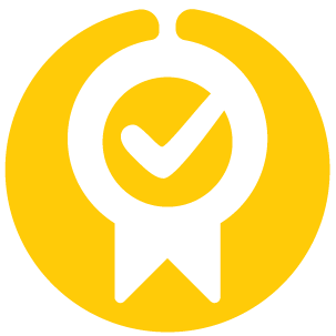 White outline of a badge with a checkmark in the center. Yellow backgound.