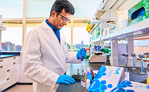 身穿白大褂的科学家在实验室工作台工作，周围是各种实验室设备和材料。