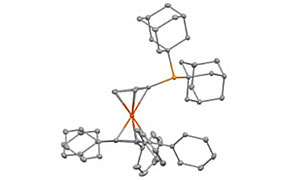 一个展示复杂有机金属化合物结构的3D分子模型。模型中灰色球体代表碳原子，橙色线条表示与中心金属原子（可能是磷或过渡金属）的键合。该结构包含多个芳香环，并呈现笼状配位体排列。