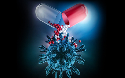 一幅描绘胶囊向生物靶点结构释放微小药物颗粒的示意图。