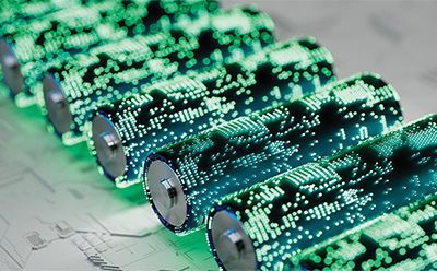 圆柱形锂离子电池的特写镜头，其表面呈现出数字光影图案，象征着现代能源材料。