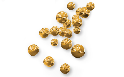 悬浮于流体基质中的均匀球形金纳米颗粒，展示了其在胶体体系中的运动性和分布情况。