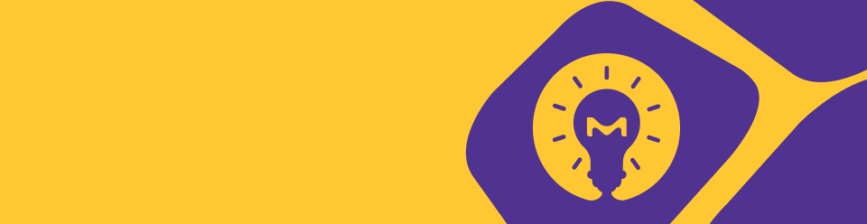 Bright yellow background and vibrant purple shapes, lightbulb icon includes an M in the center. 