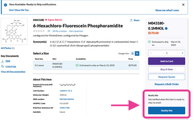 PDP initial view showing the Notify Me option with Button