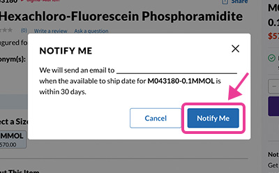 PDP modal view with Notify Me Option for selection