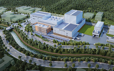 蓝色圆圈内的白色生物反应器轮廓，象征生物处理技术。